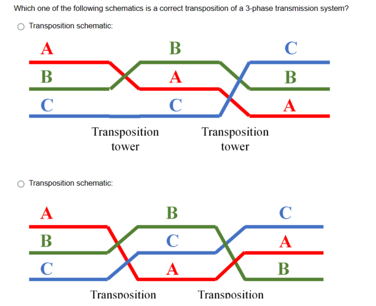 Which one of the following schematics is a correct transposition of a 3-phase transmission system?
Transposition schematic:
A
B
C
Transposition
tower
Transposition schematic:
A
B
C
Transposition
B
A
C
B
C
A
Transposition
tower
Transposition
C
B
A
C
A
B