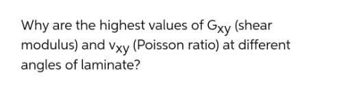 Why are the highest values of Gxy (shear
modulus) and vxy (Poisson ratio) at different
angles of laminate?
