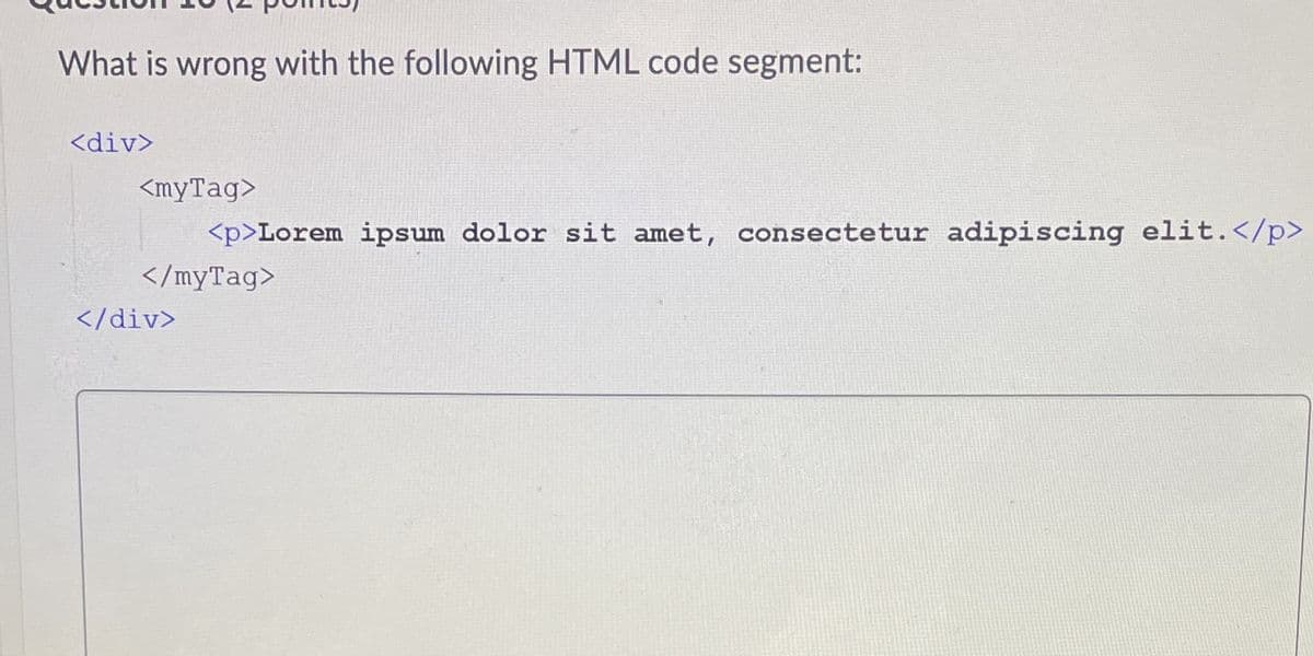 What is wrong with the following HTML code segment:
<div>
<myTag>
<p>Lorem ipsum dolor sit amet, consectetur adipiscing elit.</p>
</myTag>
</div>
