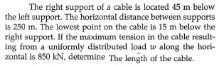 The right support of a cable is located 45 m below
the left support. The horizontal distance between supports
is 250 m. The lowest point on the cable is 15 m below the
right support. If the maximum tension in the cable result-
ing from a uniformly distributed load w along the hori-
zontal is 850 kN, determine The length of the cable.
