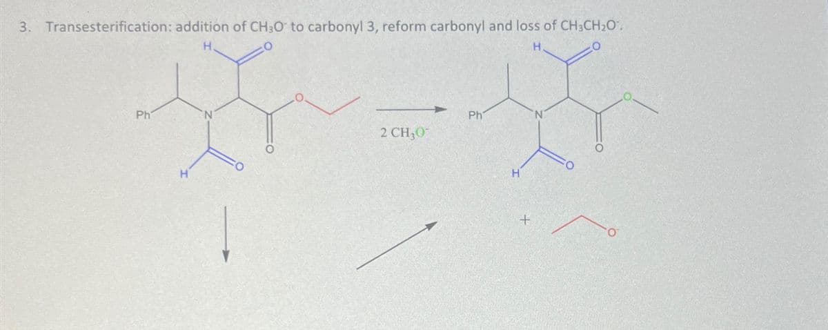 3. Transesterification: addition of CH3O to carbonyl 3, reform carbonyl and loss of CH3CH₂O
H
H
Ph
H
Ph
2 CHO
H
+