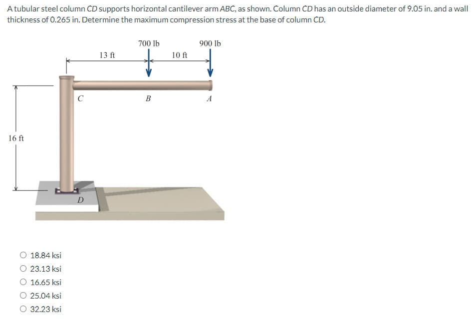 A tubular steel column CD supports horizontal cantilever arm ABC, as shown. Column CD has an outside diameter of 9.05 in. and a wall
thickness of 0.265 in. Determine the maximum compression stress at the base of column CD.
16 ft
O 18.84 ksi
O 23.13 ksi
O 16.65 ksi
O 25.04 ksi
O 32.23 ksi
C
D
13 ft
700 lb
B
10 ft
900 lb