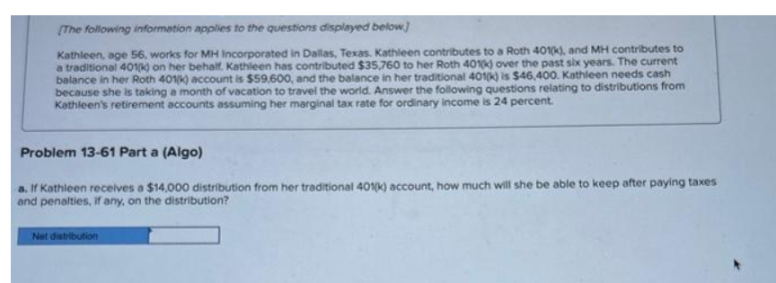 [The following information applies to the questions displayed below]
Kathleen, age 56, works for MH Incorporated in Dallas, Texas. Kathleen contributes to a Roth 401(k), and MH contributes to
a traditional 401(k) on her behalf. Kathleen has contributed $35,760 to her Roth 401(k) over the past six years. The current
balance in her Roth 401(k) account is $59,600, and the balance in her traditional 401(k) is $46,400. Kathleen needs cash
because she is taking a month of vacation to travel the world. Answer the following questions relating to distributions from
Kathleen's retirement accounts assuming her marginal tax rate for ordinary income is 24 percent.
Problem 13-61 Part a (Algo)
a. If Kathleen receives a $14,000 distribution from her traditional 401(k) account, how much will she be able to keep after paying taxes
and penalties, if any, on the distribution?
Net distribution