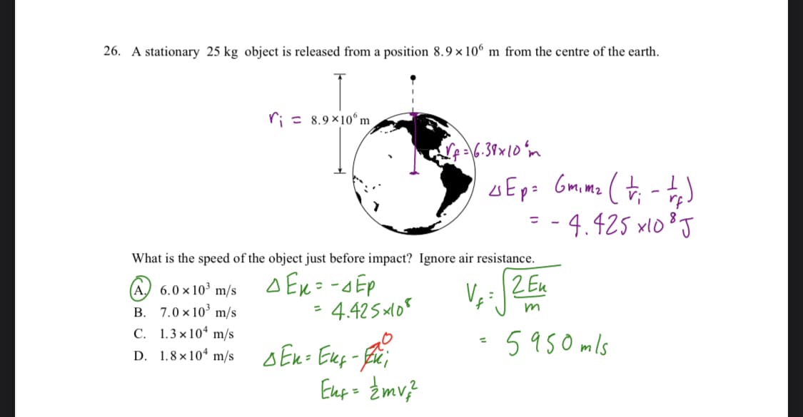 26. A stationary 25 kg object is released from a position 8.9 × 10 m from the centre of the earth.
ri 8.9x106m
A 6.0x10³ m/s
B. 7.0 x10³ m/s
C. 1.3 x 10 m/s
D. 1.8×104 m/s
What is the speed of the object just before impact? Ignore air resistance.
ΔΕΚΕ-ΔΕΡ
= 4.425×108
V₂
дект Ека - Ен
Vf= 6.39x10m
Ehf = 1/2mv ²2²
<Ep = Gm₁m₂ ( + ₁ - 1₁)
= -4.425 x10³ J
2 Eu
m
= 5950 mls