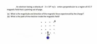 An electron having a velocity of 3x 10" m/s enters perpendiculat to a region of 0.5T
magnetic field that is pointing out of page.
lai What is the magnitude and direction of the magnetic force experienced by the charge?
(b) What is the path of the electron inside the magnetic field?
