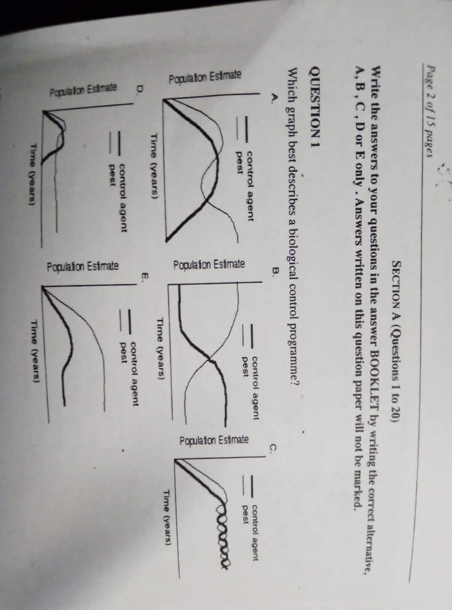 Papulafon Estimate
Populaton
Population Estimate
Populafon Estmate
Write the answers to your questions in t
-,B,C,D or E only . Answers written
DUESTION 1
Which graph best describes a biological co
A.
B.
control agent
pest
Time (years)
E.
D.
control agent
pest
