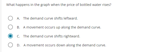What happens in the graph when the price of bottled water rises?
OA. The demand curve shifts leftward.
OB. A movement occurs up along the demand curve.
C. The demand curve shifts rightward.
OD. A movement occurs down along the demand curve.