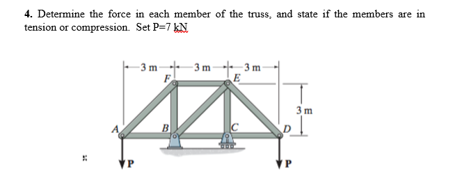 4. Determine the force in each member of the truss, and state if the members are in
tension or compression. Set P=7 kN
- 3 m
- 3 m _3 m
3 m
'P
VP
