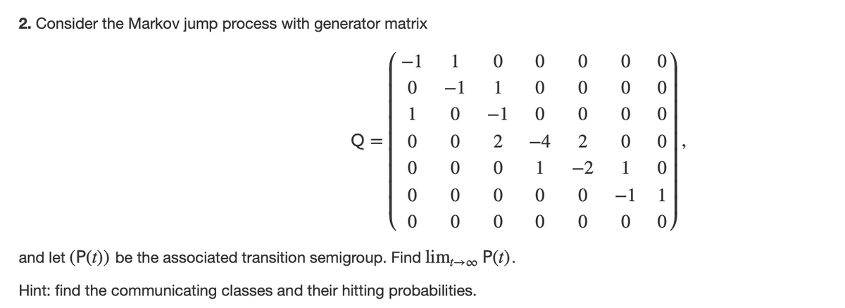 2. Consider the Markov jump process with generator matrix
то
1
1 0 0 0 0
то
1 0
-1 0
0002
OOOTI 00
0
0 2
-4
0 0
0
1
0
0
0
0
0
0
0
0 0
0
0
0 0
-2 1 0
0
то
1
0000
and let (P(t)) be the associated transition semigroup. Find lim∞ P(t).
Hint: find the communicating classes and their hitting probabilities.