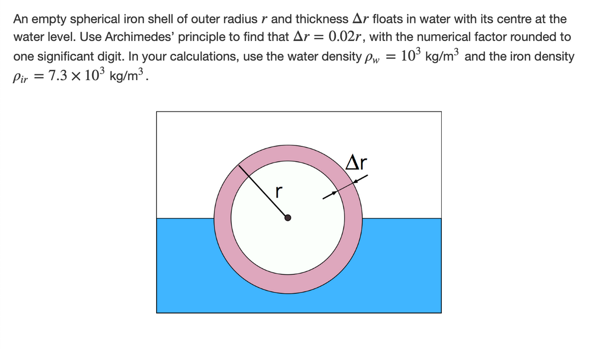 An empty spherical iron shell of outer radius r and thickness Ar floats in water with its centre at the
water level. Use Archimedes' principle to find that Ar = 0.02r, with the numerical factor rounded to
one significant digit. In your calculations, use the water density pw = 103 kg/m³ and the iron density
Pir = 7.3 × 103 kg/m³.
r
Ar
