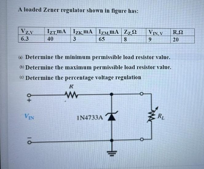 A loaded Zener regulator shown in figure has:
Vz.v
6.3
IZTMA IZK MA IZMMA Zz,
3
65
40
8
VIN
(a) Determine the minimum permissible load resistor value.
(b) Determine the maximum permissible load resistor value.
(Ⓒ) Determine the percentage voltage regulation
R
VIN, V
9
IN4733A
W
RL
R,Ω
20