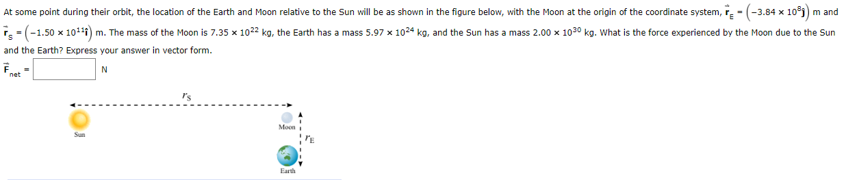 At some point during their orbit, the location of the Earth and Moon relative to the Sun will be as shown in the figure below, with the Moon at the origin of the coordinate system, r. = (-3.84 x 10°j) m and
r. = (-1.50 x 1011f) m. The mass of the Moon is 7.35 x 1022 kg, the Earth has a mass 5.97 x 1024 kg, and the Sun has a mass 2.00 x 1030 kg. What is the force experienced by the Moon due to the Sun
and the Earth? Express your answer in vector form.
net
