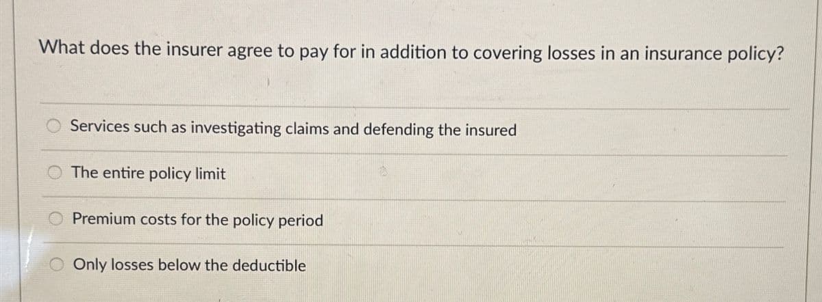 What does the insurer agree to pay for in addition to covering losses in an insurance policy?
Services such as investigating claims and defending the insured
The entire policy limit
Premium costs for the policy period
Only losses below the deductible