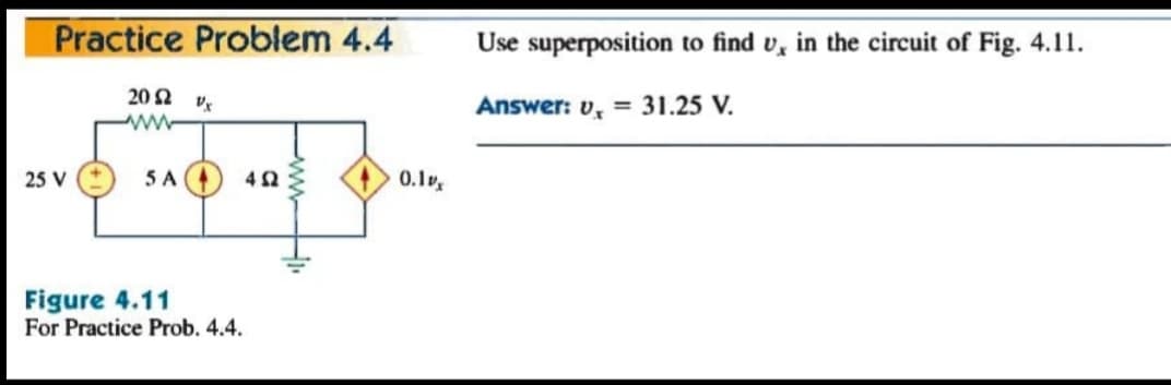 Practice Problem 4.4
Use superposition to find v, in the circuit of Fig. 4.11.
20 2 Vx
Answer: v, = 31.25 V.
25 V
5 A
0.1v.
Figure 4.11
For Practice Prob. 4.4.
