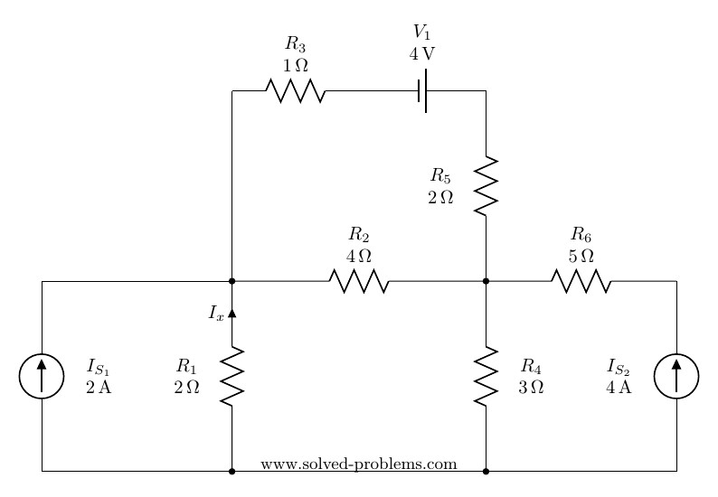 Vị
4 V
R3
1N
R5
R2
R6
(1)
Is,
2 A
R1
R4
Is2
4 A
www.solved-problems.com
