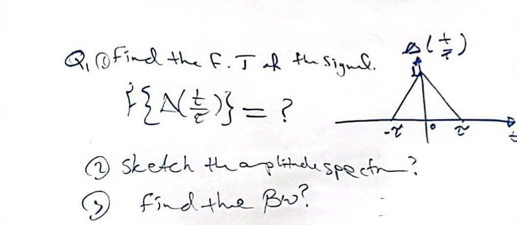 Q₁find the F. J of the signal.
4(3)
} {\( \ )} = ?
0
-z
(2) Sketch the amplitude spectr?
find the Bw?