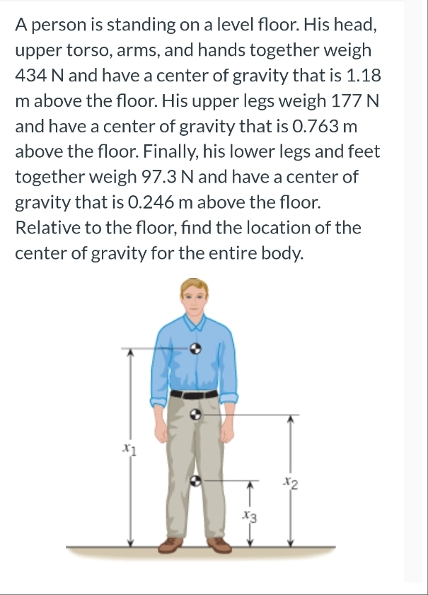 A person is standing on a level floor. His head,
upper torso, arms, and hands together weigh
434 N and have a center of gravity that is 1.18
m above the floor. His upper legs weigh 177 N
and have a center of gravity that is 0.763 m
above the floor. Finally, his lower legs and feet
together weigh 97.3 N and have a center of
gravity that is 0.246 m above the floor.
Relative to the floor, find the location of the
center of gravity for the entire body.
x1
x2
