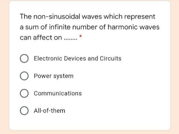 The non-sinusoidal waves which represent
a sum of infinite number of harmonic waves
can affect on..
Electronic Devices and Circuits
Power system
Communications
All-of-them
