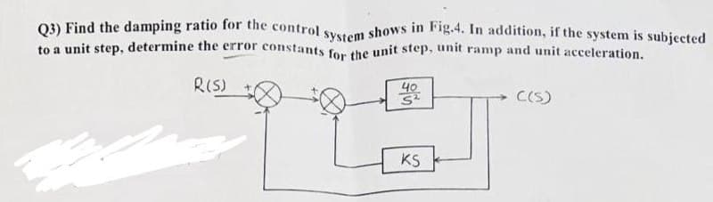 Q3) Find the damping ratio for the control system shows in Fig.4. In addition, if the system is subjected
to a unit step, determine the error constants for the unit step, unit ramp and unit acceleration.
R(S)
40
डर
KS
C(S)