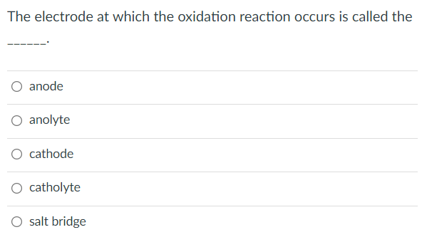 The electrode at which the oxidation reaction occurs is called the
O anode
O anolyte
cathode
O catholyte
O salt bridge