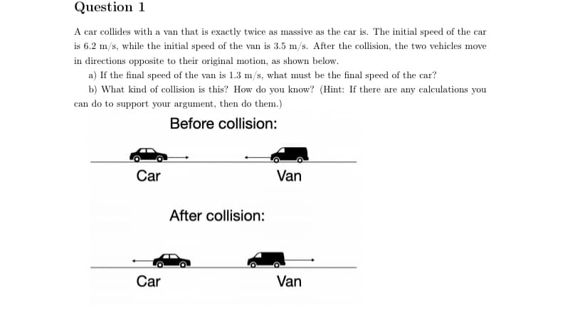 Question 1
A car collides with a van that is exactly twice as massive as the car is. The initial speed of the car
is 6.2 m/s, while the initial speed of the van is 3.5 m/s. After the collision, the two vehicles move
in directions opposite to their original motion, as shown below.
a) If the final speed of the van is 1.3 m/s, what must be the final speed of the car?
b) What kind of collision is this? How do you know? (Hint: If there are any calculations you
can do to support your argument, then do them.)
Before collision:
Car
Van
After collision:
Car
Van
