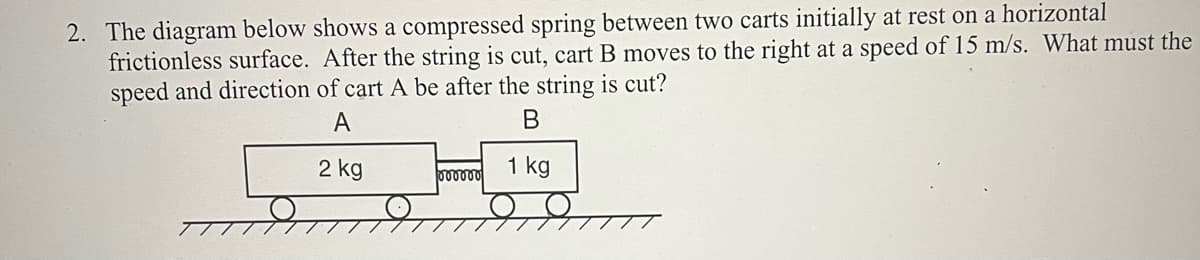 2. The diagram below shows a compressed spring between two carts initially at rest on a horizontal
frictionless surface. After the string is cut, cart B moves to the right at a speed of 15 m/s. What must the
speed and direction of cart A be after the string is cut?
A
2 kg
1 kg

