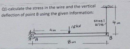 Q1-calculate the stress in the wire and the vertical
deflection of point B using the given Information:
d. fc
4m
16kN
8m
gat
steel
Wire
t
B
+