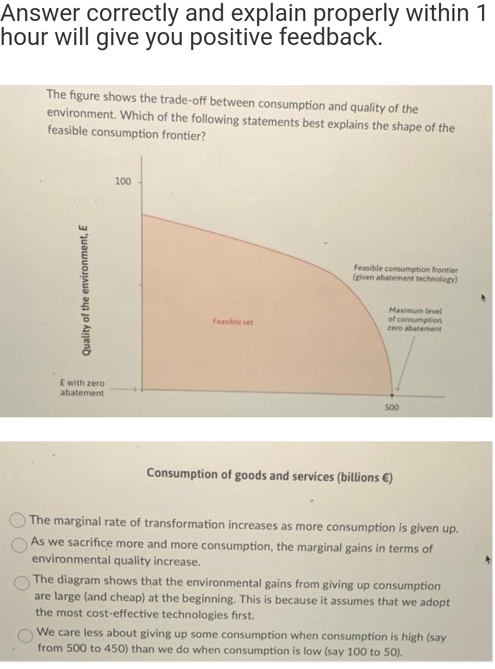 Answer correctly and explain properly within 1
hour will give you positive feedback.
The figure shows the trade-off between consumption and quality of the
environment. Which of the following statements best explains the shape of the
feasible consumption frontier?
100
Feasible consumption frontier
(given abatement technology)
Maximum level
of consumption,
zero abatement
Feasible set
E with zero
abatement
50
Consumption of goods and services (billions €)
The marginal rate of transformation increases as more consumption is given up.
As we sacrifice more and more consumption, the marginal gains in terms of
environmental quality increase.
The diagram shows that the environmental gains from giving up consumption
are large (and cheap) at the beginning. This is because it assumes that we adopt
the most cost-effective technologies first.
We care less about giving up some consumption when consumption is high (say
from 500 to 450) than we do when consumption is low (say 100 to 50).
Quality of the environment, E
