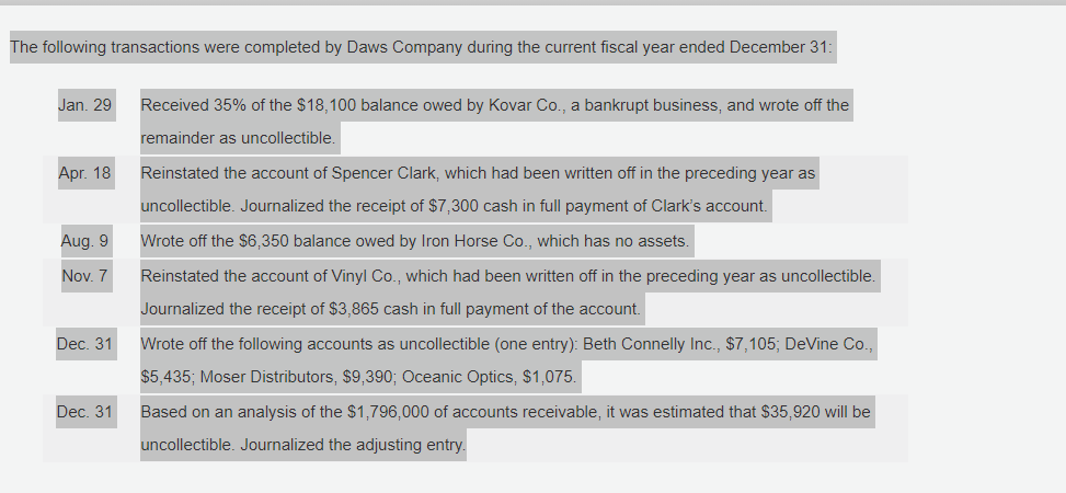 The following transactions were completed by Daws Company during the current fiscal year ended December 31:
Jan. 29
Received 35% of the $18,100 balance owed by Kovar Co., a bankrupt business, and wrote off the
remainder as uncollectible.
Apr. 18
Reinstated the account of Spencer Clark, which had been written off in the preceding year as
uncollectible. Journalized the receipt of $7,300 cash in full payment of Clark's account.
Aug. 9
Wrote off the $6,350 balance owed by Iron Horse Co., which has no assets.
Nov. 7
Reinstated the account of Vinyl Co., which had been written off in the preceding year as uncollectible.
Journalized the receipt of $3,865 cash in full payment of the account.
Dec. 31
Wrote off the following accounts as uncollectible (one entry): Beth Connelly Inc., $7,105; DeVine Co.,
$5,435; Moser Distributors, $9390; Oceanic Optics, $1,075.
Dec. 31
Based on an analysis of the $1,796,000 of accounts receivable, it was estimated that $35,920 will be
uncollectible. Journalized the adjusting entry.

