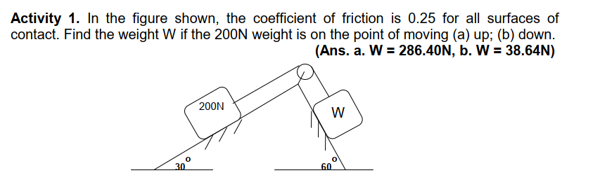 Activity 1. In the figure shown, the coefficient of friction is 0.25 for all surfaces of
contact. Find the weight W if the 200N weight is on the point of moving (a) up; (b) down.
(Ans. a. W = 286.40N, b. W = 38.64N)
200N
W
30
60
