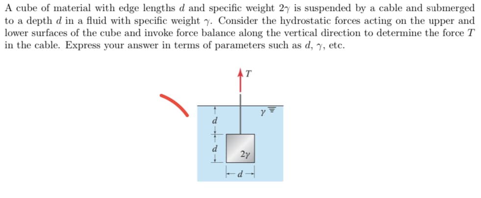 A cube of material with edge lengths d and specific weight 2y is suspended by a cable and submerged
to a depth d in a fluid with specific weight y. Consider the hydrostatic forces acting on the upper and
lower surfaces of the cube and invoke force balance along the vertical direction to determine the force T
in the cable. Express your answer in terms of parameters such as d, y, etc.
1717
T
27