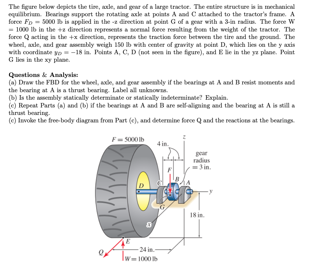 The figure below depicts the tire, axle, and gear of a large tractor. The entire structure is in mechanical
equilibrium. Bearings support the rotating axle at points A and C attached to the tractor's frame. A
force FD = 5000 lb is applied in the -z direction at point G of a gear with a 3-in radius. The force W
= 1000 lb in the +z direction represents a normal force resulting from the weight of the tractor. The
force Q acting in the +x direction, represents the traction force between the tire and the ground. The
wheel, axle, and gear assembly weigh 150 lb with center of gravity at point D, which lies on the y axis
with coordinate yp = -18 in. Points A, C, D (not seen in the figure), and E lie in the yz plane. Point
G lies in the xy plane.
Questions & Analysis:
(a) Draw the FBD for the wheel, axle, and gear assembly if the bearings at A and B resist moments and
the bearing at A is a thrust bearing. Label all unknowns.
(b) Is the assembly statically determinate or statically indeterminate? Explain.
(c) Repeat Parts (a) and (b) if the bearings at A and B are self-aligning and the bearing at A is still a
thrust bearing.
(c) Invoke the free-body diagram from Part (c), and determine force Q and the reactions at the bearings.
F = 5000 lb
E
X
4 in.
24 in.-
W=1000 lb
G
gear
radius
= 3 in.
18 in.
y