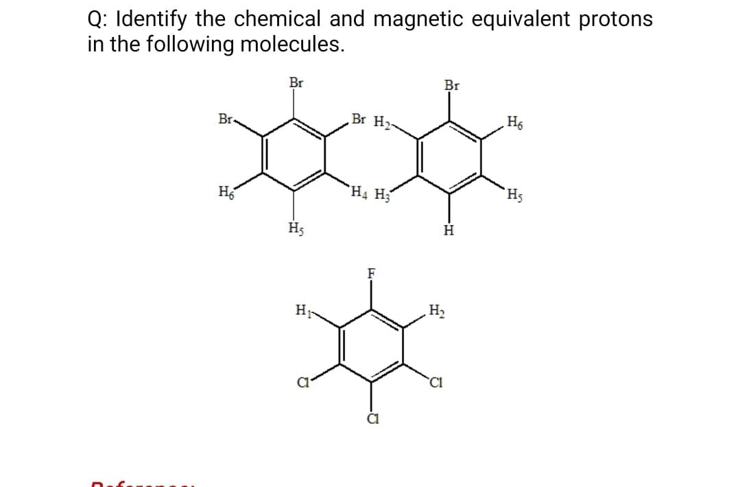 Q: Identify the chemical and magnetic equivalent protons
in the following molecules.
Br
Br
Br H2
Br
H6
XX
H6
H5
H₁
H4 H
F
H
H₂
H5
C1