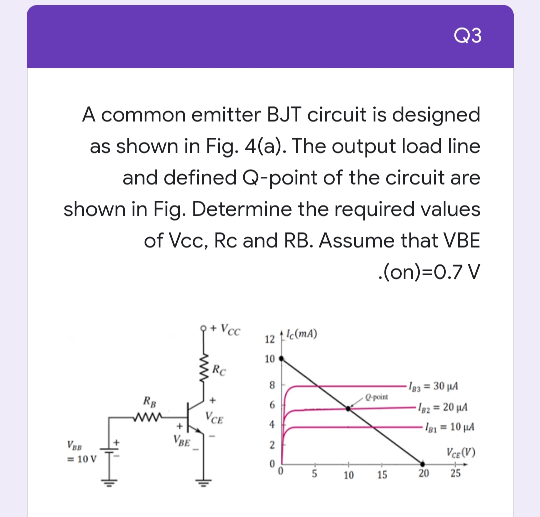 Q3
A common emitter BJT circuit is designed
as shown in Fig. 4(a). The output load line
and defined Q-point of the circuit are
shown in Fig. Determine the required values
of Vcc, Rc and RB. Assume that VBE
.(on)=0.7 V
+ Vcc
12 'c(mA)
10
RC
8.
-IB3 = 30 µA
O-point
RB
Ig2 = 20 µA
VCE
ww
4
IB1 = 10 µA
VBE
VBB
= 10 V
Vce (V)
10
15
20
25
