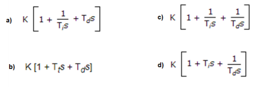 a) K
c) K
b) K[1 + Ts + Tos]
d) K1+ T,s
TS
+
