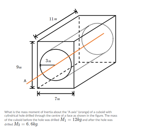 11m
3m
9m
A
K-
7m
What is the mass moment of Inertia about the "A axis" (orange) of a cuboid with
cylindrical hole drilled through the centre of a face as shown in the figure. The mass
of the cuboid before the hole was drilled M1 = 12kg and after the hole was
drilled M2 = 6. 6kg.
