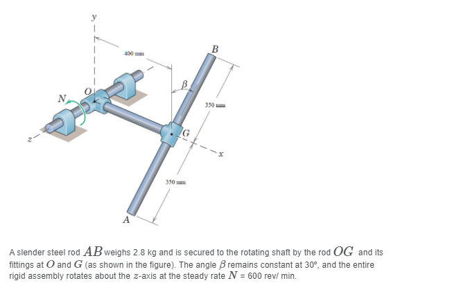 B
400 mm
350
350 m
A
A slender steel rod ABweighs 2.8 kg and is secured to the rotating shaft by the rod OG and its
fittings at O and G (as shown in the figure). The angle B remains constant at 30°, and the entire
rigid assembly rotates about the z-axis at the steady rate N = 600 rev/ min.
