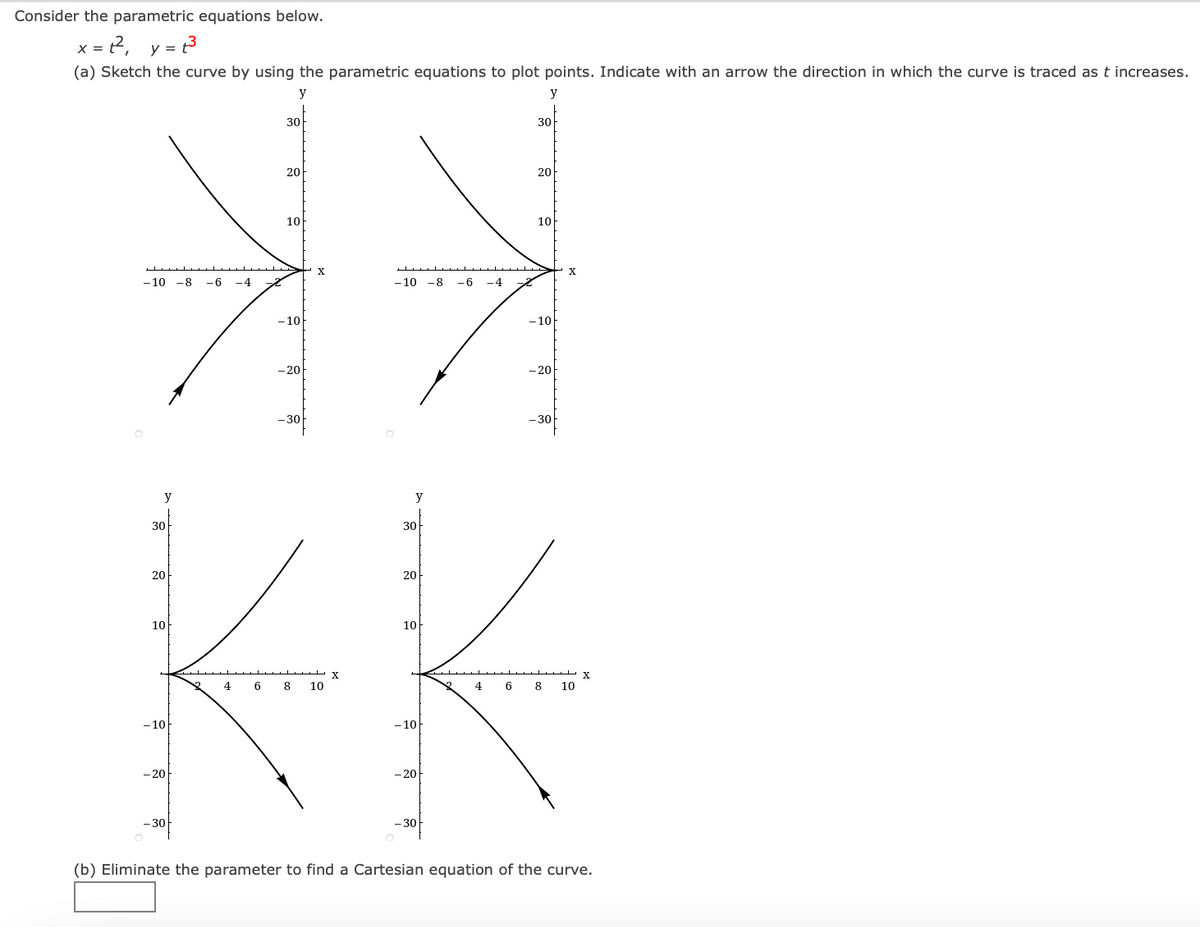 Consider the parametric equations below.
x = ?, y = t3
(a) Sketch the curve by using the parametric equations to plot points. Indicate with an arrow the direction in which the curve is traced as t increases.
y
y
30-
30
20
20
10
10
х
X
-10 -8
-6
-4
- 10 -8 -6 -4
- 10
-10
- 20
- 20
- 30-
- 30
KK
y
y
30
30
20
20
10
10
4
8
10
4
6
8
10
- 10
- 10
- 20
- 20
- 30
- 30
(b) Eliminate the parameter to find a Cartesian equation of the curve.
