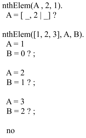 nthElem(A , 2, 1).
A = [ _, 2|_]?
nthElem([1, 2, 3], A, B).
A = 1
B= 0 ? ;
A= 2
B = 1 ? ;
A = 3
B = 2 ?;
no
