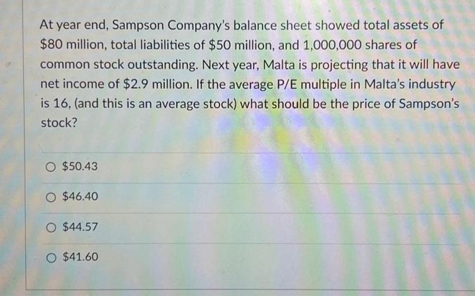 At year end, Sampson Company's balance sheet showed total assets of
$80 million, total liabilities of $50 million, and 1,000,000 shares of
common stock outstanding. Next year, Malta is projecting that it will have
net income of $2.9 million. If the average P/E multiple in Malta's industry
is 16, (and this is an average stock) what should be the price of Sampson's
stock?
O $50.43
O $46.40
O $44.57
O $41.60
