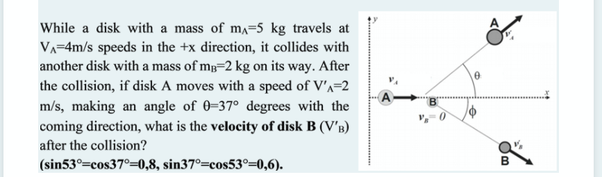 While a disk with a mass of ma=5 kg travels at
VA=4m/s speeds in the +x direction, it collides with
another disk with a mass of mp=2 kg on its way. After
the collision, if disk A moves with a speed of V'A=2
m/s, making an angle of 0=37° degrees with the
A
coming direction, what is the velocity of disk B (V'B)
after the collision?
(sin53°=cos37°=0,8, sin37°=cos53°=0,6).
B
