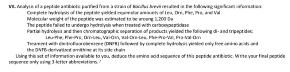 VII. Analysis of a peptide antibiotic purified from a strain of Bacillus brevii resulted in the following significant information:
Complete hydrolysis of the peptide yielded equimolar amounts of Leu, Orn, Phe, Pro, and Val
Molecular weight of the peptide was estimated to be aroung 1,200 Da
The peptide failed to undergo hydrolysis when treated with carboxypeptidase
Partial hydrolysis and then chromatographic separation of products yielded the following di- and tripeptides:
Leu-Phe, Phe-Pro, Orn-Leu, Val-Orn, Val-Orn-Leu, Phe-Pro-Val, Pro-Val-Orn
Treament with dinitrofluorobenzene (DNFB) followed by complete hydrolysis yielded only free amino acids and
the DNFB-derivatized ornithine at its side chain
Using this set of information available to you, deduce the amino acid sequence of this peptide antibiotic. Write your final peptide
sequence only using 3-letter abbreviations. /
