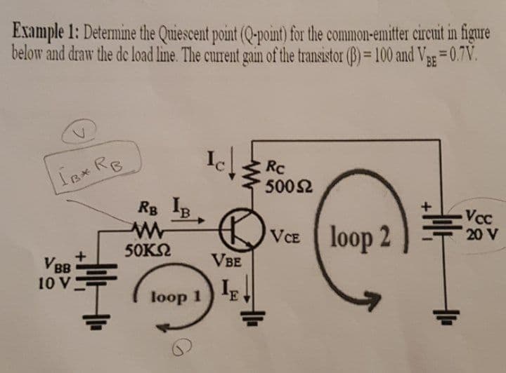 Example 1: Determine the Quiescent point (Q-point) for the common-emitter circuit in figure
below and draw the de load line. The current gain of the transistor (B)= 100 and Veg =0.7V.
%3D
Icl
RC
5002
Rg IB
VCE loop 2
Vcc
20 V
50KN
VE
VBE
BB
10 V
loop 1) E.

