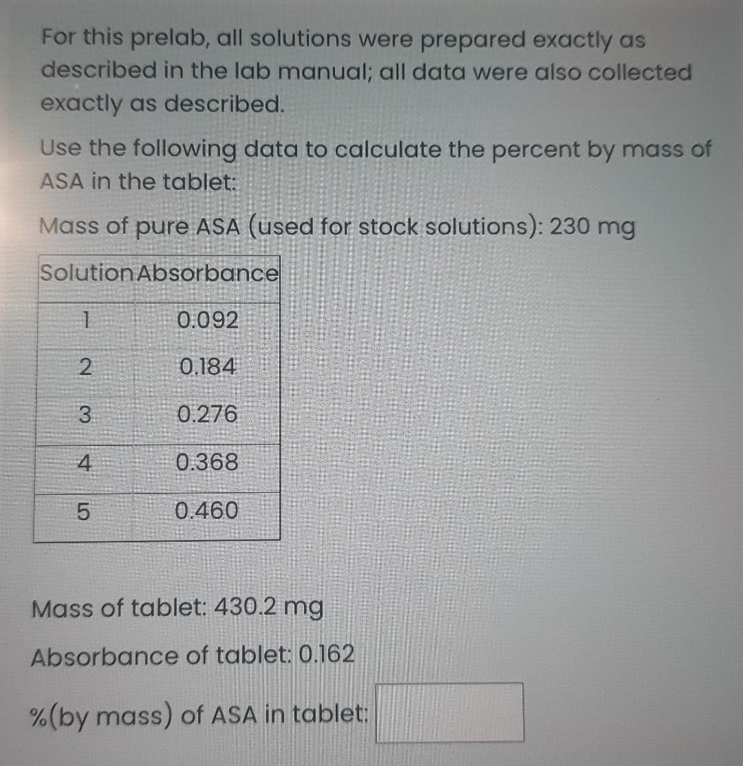 For this prelab, all solutions were prepared exactly as
described in the lab manual; all data were also collected
exactly as described.
Use the following data to calculate the percent by mass of
ASA in the tablet:
Mass of pure ASA (used for stock solutions): 230 mg
Solution Absorbance
0.092
0.184
0.276
1
2
3
4
LO
5
0.368
0.460
Mass of tablet: 430.2 mg
Absorbance of tablet: 0.162
% (by mass) of ASA in tablet:
