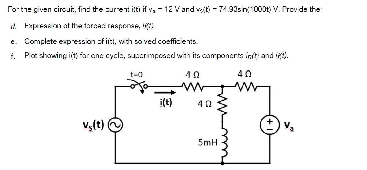 For the given circuit, find the current i(t) if va = 12 V and vs(t) = 74.93sin(1000t) V. Provide the:
d. Expression of the forced response, if(t)
e. Complete expression of i(t), with solved coefficients.
f.
Plot showing i(t) for one cycle, superimposed with its components in(t) and if(t).
4Ω
4Ω
vs(t)
t=0
i(t)
4Ω
5mH
Va