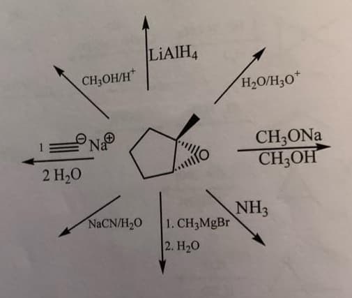 CH3OH/H
2 H₂O
NaCN/H,O
LIAIH4
1. CH3MgBr
2. H₂O
H₂O/H30
CH3ONa
CH3OH
NH3