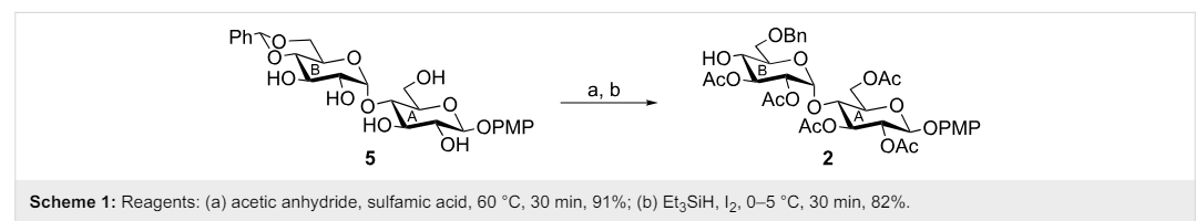 Pho
OBn
HO
HO
OH
HO
a, b
ACO
OAC
AcO
HOA
OPMP
ACO-
-OPMP
OH
5
OAC
2
Scheme 1: Reagents: (a) acetic anhydride, sulfamic acid, 60 °C, 30 min, 91%; (b) Et3SiH, 12, 0-5 °C, 30 min, 82%.