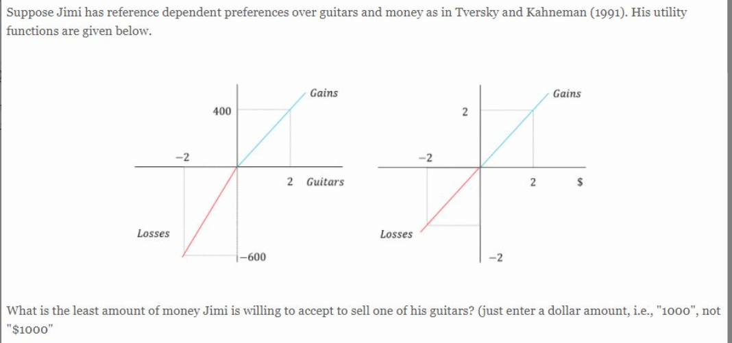 Suppose Jimi has reference dependent preferences over guitars and money as in Tversky and Kahneman (1991). His utility
functions are given below.
Gains
Gains
400
-2
-2
2 Guitars
2$
Losses
Losses
i-600
-2
What is the least amount of money Jimi is willing to accept to sell one of his guitars? (just enter a dollar amount, i.e., "10o0", not
"$1000"
