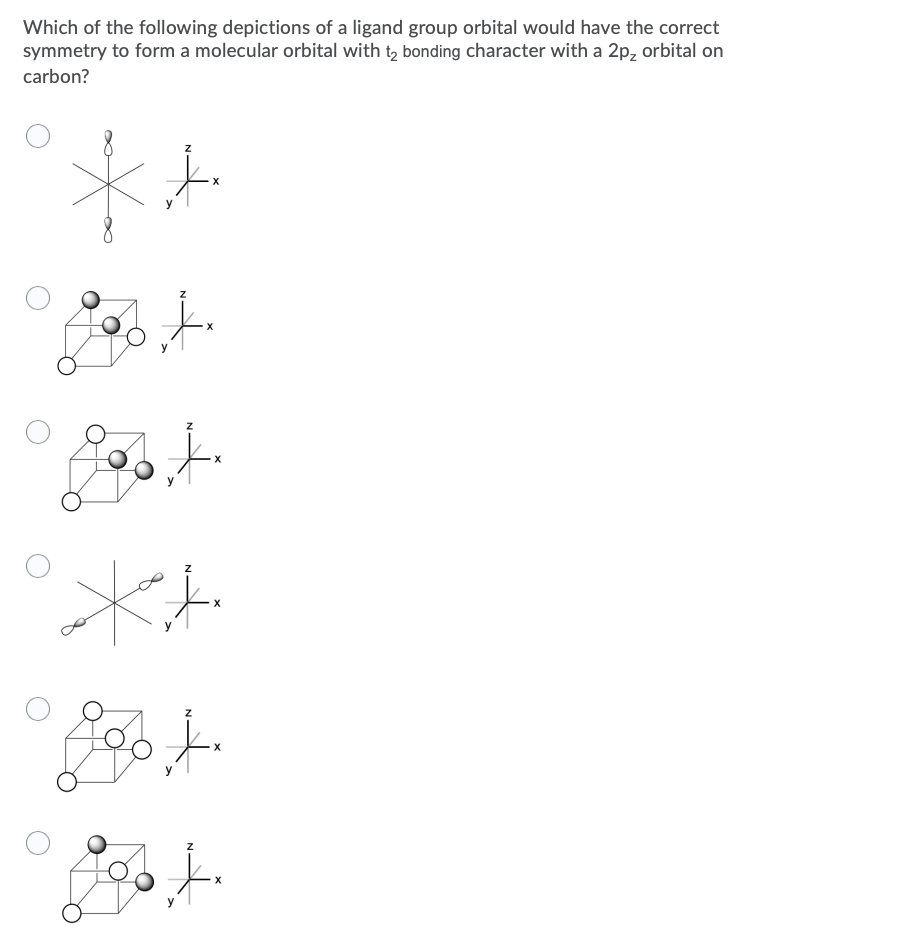 Which of the following depictions of a ligand group orbital would have the correct
symmetry to form a molecular orbital with t, bonding character with a 2p, orbital on
carbon?
**
