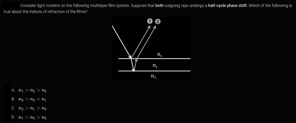 Consider light incident on the following multilayer film system. Suppose that both outgoing rays undergo a half-cycle phase shift. Which of the following is
true about the indices of refraction of the films?
A. N₁ > N₂ > N3
B. N3 > N₂ > N1
C. N₂ > N₁ > N3
D. N₁ > N3 > N₂
Ú
n₂
N₂
N₂